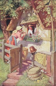 La reina malvada, disfrazada de anciana, ofrece la manzana envenenada a Blancanieves, ilustración del cuento de Grimm "Blancanieves y los siete enanos", c.1900 (litografía en color)