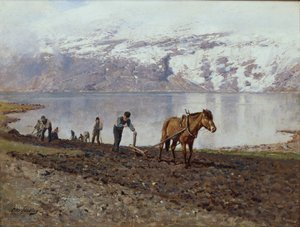 Arando con caballos (óleo sobre lienzo) de Otto Ludvig Sinding