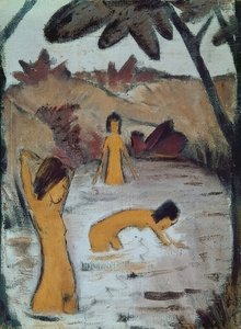 Tres bañistas en el estanque