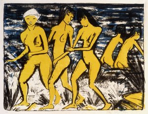 Cinco desnudos amarillos en el agua