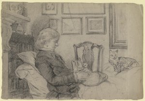 Luise Scholderer junto a la chimenea con muchos gatos