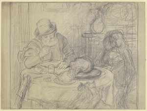 Hombre a la mesa de comedor con niño y gato de Otto Scholderer