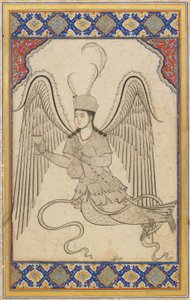 Ángel volador con copa y cantimplora (Tinta, aguada de color y oro sobre papel) de Ottoman School