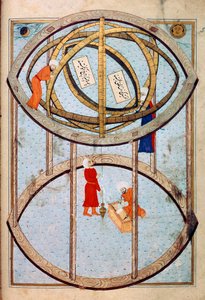 Astrónomos manipulando una enorme esfera armilar y herramientas para medir longitud y latitud. Miniatura del manuscrito ms. FY 1404 "Sehinsahname" (o Shahinshah-nama o Shahinshah-nameh, Shahinshah nama o Shahinshah nameh) "La historia del rey de