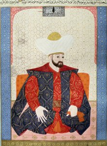 Imperio Otomano: “Retrato del Sultán Otomano Murad I (1326-1389)”. Miniatura del manuscrito (Ms. 1973, folio 62a) “Zubdatat-al-Tawarikh” (Zubdat al-Tawarikh) (Crema de Historias) por el historiador Seyyid Loqman Ashuri 1538. Museo de Arte Turco e Islámico