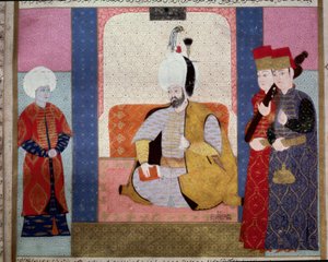 Imperio Otomano: Sultán Murad III (1546-1595) rodeado de cortesanos. Miniatura del “Zubdat al Tawarikh” (Ms. 1973, fol. 59b) por Seyyd Lokman Ashuri 1583. Estambul, Museo de Arte Turco e Islámico