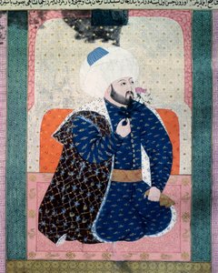 Retrato del sultán del Imperio Otomano Mehet II (Mehmet II el Conquistador o Mehmed II Fatih) (1430-1481) Miniatura del manuscrito (Ms. 1973, folio 62a) “Zubdatat-al Tawarikh” (Zubdat al-Tawarikh) (Crema de Historias) por el historiador Seyyid Loqman As