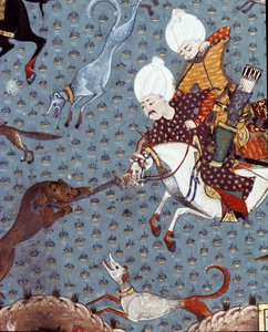 Representación de los cortesanos del sultán Murad II cazando el cervatillo (detalle). Miniatura del siglo XVII. Estambul, Biblioteca del Museo Topkapi Sarayi de Ottoman School