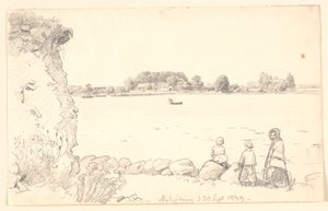 En dame og to børn ved Guldborg Sund. Nykøbing Falster. de P.C. Skovgaard