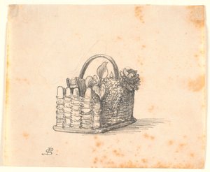 Una cesta tejida con plantas y un libro de P.C. Skovgaard