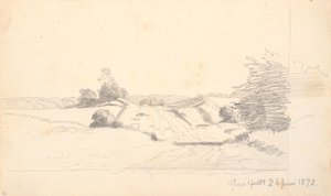 Un camino rural con algunos arbustos en primer plano. En el fondo un borde del bosque de P.C. Skovgaard