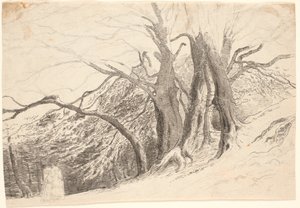 Un acantilado con grandes árboles en un bosque, con dos damas caminando de P.C. Skovgaard
