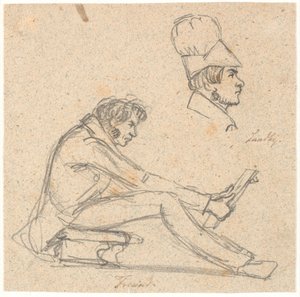 H.E. Freund sentado en un taburete observando un dibujo. Arriba a la derecha, retrato de perfil de J. Th. Lundbye. de P.C. Skovgaard