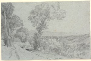 Paisaje montañoso italiano con vista hacia "Genazzano 9 de julio de 1869" de P.C. Skovgaard