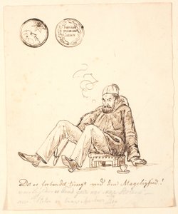 Caricatura de Johan Thomas Lundbye con fez, pipa larga y taza de café, sentado en un taburete oriental. Arriba medalla con la inscripción "Møddingen stinker verst i soelskin" y abajo inscripción humorística.