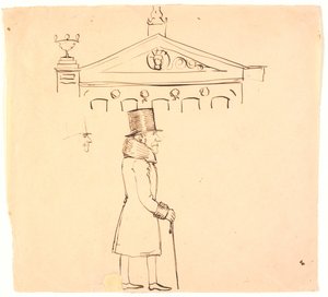 Caricatura de un caballero con pieles fuera del Casino de P.C. Skovgaard