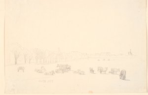 Vacas en el campo, con el molino de Tagens al fondo