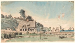 Paisaje costero con casas de techo de paja de P.C. Skovgaard