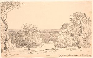 Paisaje con árboles y amplia vista desde Ambjergene hacia Vordingborg