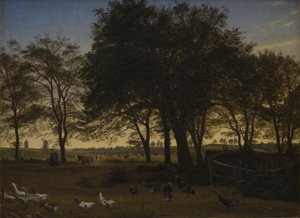 Parte de Iselingen. Al fondo la Iglesia de Vordingborg y la Torre del Ganso. Tarde de septiembre de P.C. Skovgaard
