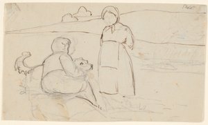 Niño sentado con perro y niña de pie en un paisaje de P.C. Skovgaard