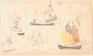 Hojas de cuaderno de bocetos con estudios de barcos venecianos de vela