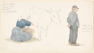 Hoja de estudio con niña ordeñando una vaca, campesino de pie a la derecha de P.C. Skovgaard