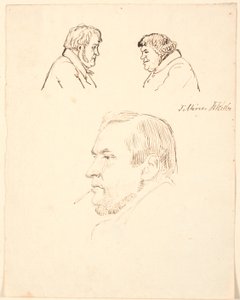 Dos cabezas de hombres caricaturizadas en perfil y un retrato de hombre en perfil hacia la izquierda.