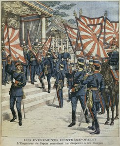 Su Majestad Imperial Mutsuhito, Emperador de Japón, entregando las banderas a sus tropas, ilustración de 