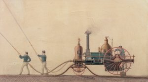 El primer motor de bomberos a vapor utilizado en los Estados Unidos en 1841, 1865 de P.R. Hodge