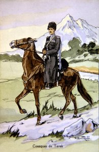 Postal que representa a un cosaco del Terek, c.1914
