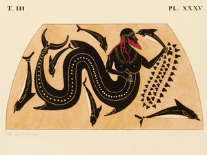 Impresión de la decoración en una ánfora griega, mostrando a Poseidón acompañado de delfines, c. 1858 de P. Bineteau