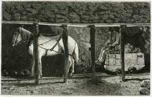 Interior de una galería con berlaine. Grabado por Ferat, para ilustrar la historia "Bélgica", por Camille Lemonnier (1844-1913) escritor belga. Publicado en Le Tour du monde, nouveau journal des voyages, 2º semestre 1884, editado por Edouard Charton de P. Ferat