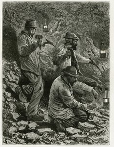 Mineros extrayendo carbón en la veta. Grabado por Ferat, para ilustrar la historia "Bélgica", por Camille Lemonnier (1844-1913) escritor belga. Publicado en Le Tour du monde, nuevo diario de viajes, 2º semestre 1884, editado por Edouard Charton (1807-1890) de P. Ferat