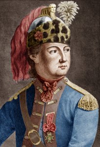 Caballero de Eon (1728-1810), agente secreto francés del rey, solía travestirse, documento grabado coloreado
