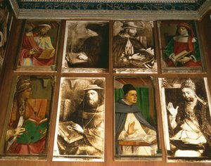 El estudio de Federigo da Montefeltro, Duque de Urbino, en el sentido de las agujas del reloj desde TL: Euclides de Megara, filósofo griego (450-374 a.C.); Vittorino da Feltre, educador italiano (1378-1446); Solón, legislador ateniense de P. Joos van Gent and Berruguete