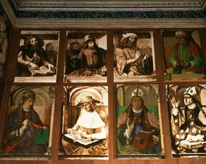 El estudio de Federigo da Montefeltro, Duque de Urbino, en el sentido de las agujas del reloj desde TL: filósofos griegos Platón (c.427-347 a.C.) y Aristóteles (384-322 a.C.); Ptolomeo, astrónomo (c.90-168); Boecio, filósofo (c.48 de P. Joos van Gent and Berruguete