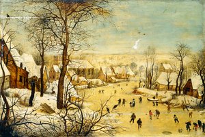 Un pueblo en invierno con una trampa para pájaros y patinadores en un canal congelado de P. the Younger Brueghel