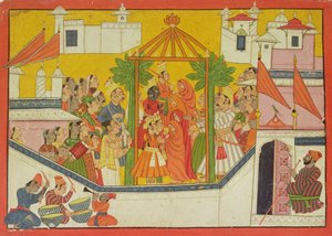 El matrimonio de Rama y sus hermanos del Ramayana de Sangri, Kulu-Mandi, Himachal Pradesh, 1760-65 de Pahari School