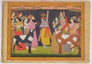 Krishna levantando el Monte Govardhana, del Bhagavata purana, Kulu, Himachal Pradesh, 1749 de Pahari School
