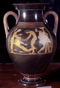 Ánfora cerámica ático con figuras blancas que representan una escena de baño de mujer. Atribuido a Andokides (siglo VI a.C.). De Etruria. 525-520 a.C. Dim. 0,4x0,25 m. París, Museo del Louvre
