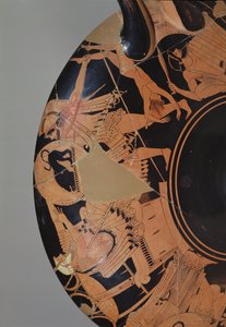 Detalle de una copa de figuras rojas del ático que representa a Neoptólemo tratando de matar a Príamo con el cadáver de Astianacte, c.490 a.C.