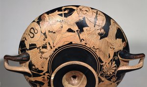 Detalle de una copa de figuras rojas del ático que representa escenas de la Guerra de Troya, c.490 a.C. (detalle)