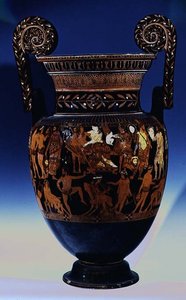Cratera de volutas de figuras rojas áticas, decorada con una escena de actores y músicos preparándose para una actuación ante Baco y Ariadna, griega, de Ruvo, siglo V a.C. de Painter Pronomos