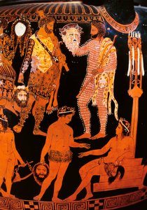 Crátera de volutas de figuras rojas con un actor sosteniendo su máscara, de Ruvo, c.410 a.C.