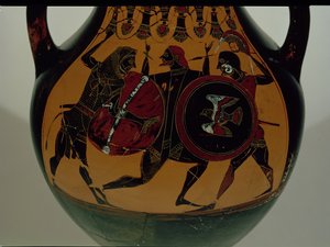 Ánfora de figuras negras áticas decorada con una escena de Heracles vestido con una piel de león luchando contra Cycnus, c.540 a.C. (cerámica) de Painter of Berlin