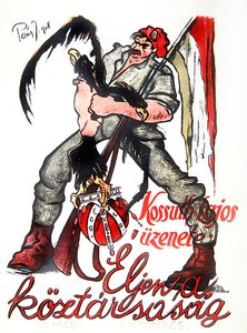 Revolucionario húngaro estrangulando al águila bicéfala austrohúngara y proclamando la proclamación de Kossuth 