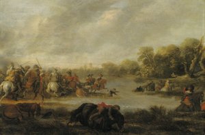Escaramuza de caballería junto a un río de Palamedes Palamedesz