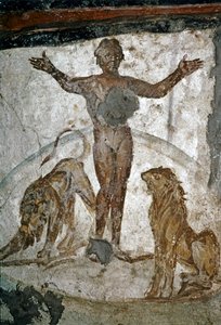 ARTE PALEOCRISTIANO: Catacombe. Daniel en el foso de los leones, siglo IV (fresco)
