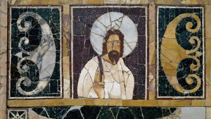 Mármol incrustado que representa el rostro de Cristo, artefacto de Roma, Italia, período cristiano temprano de Paleo Christian